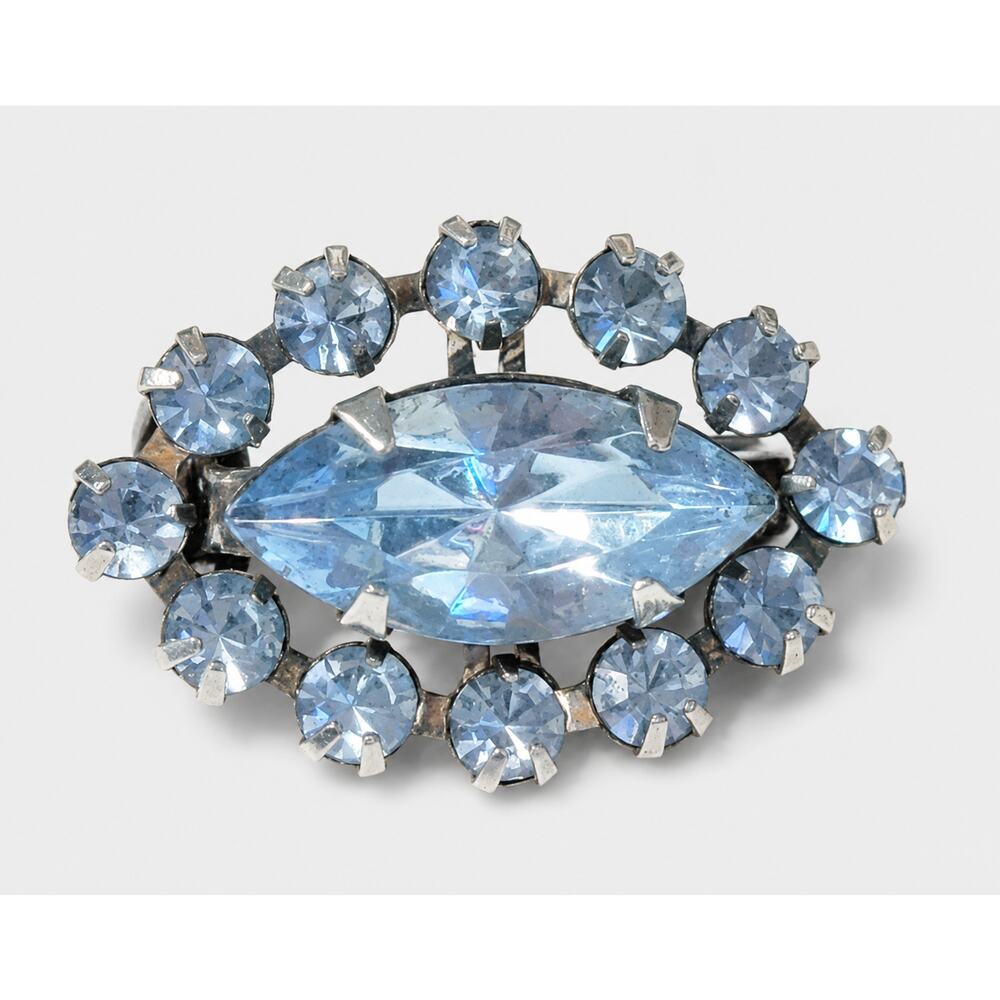 Vintage Blue Glass Rhinestone Brooch Pin Silver Tone Prong Set‎ 1" so-45